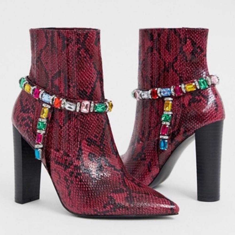 ASOS Elegant Burgundy Ankle Boots with Gemstone Accents